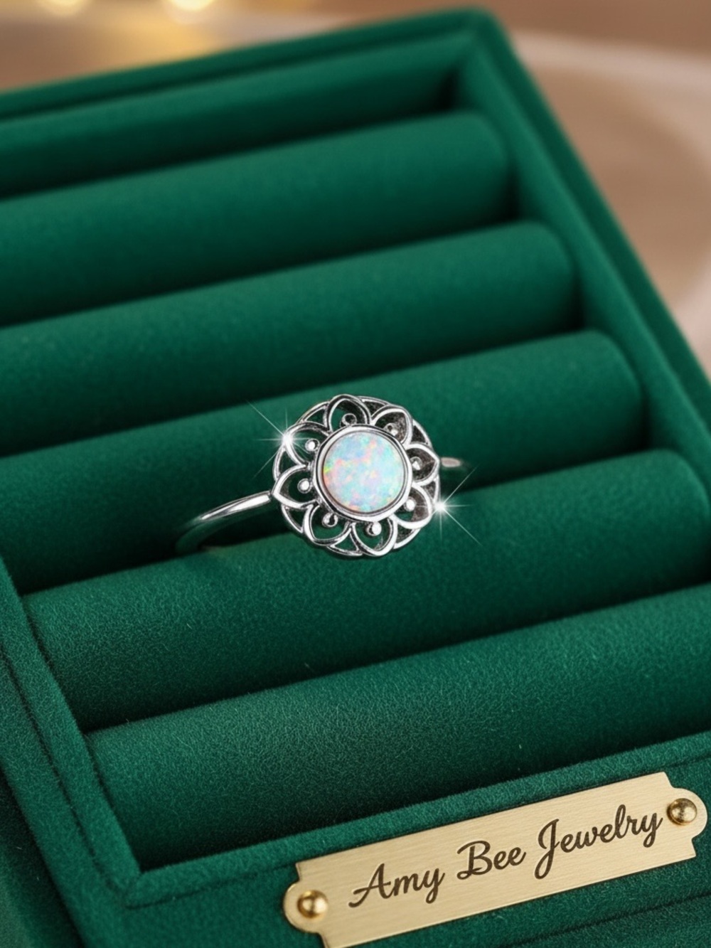 White Gold Plated Floral Halo Ring with Opal Center. New. - Picture 11 of 11